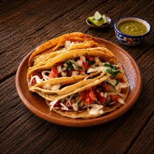 Tres tacos de chicharron copn cu col y salsa mexivcana