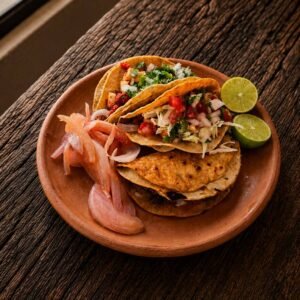 Tacos de los tres guisados sobre un plato de barro